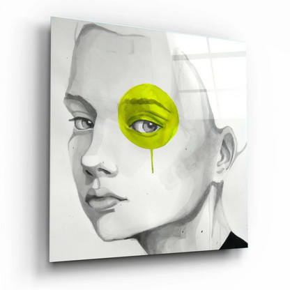 Bold Monochrome Face Glass Wall Art with Lime Green Splash | Insigneart USA | vintageantiquesgifts.com