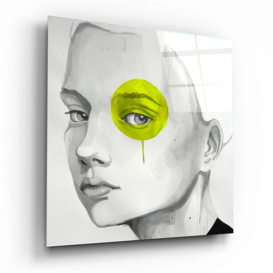 Bold Monochrome Face Glass Wall Art with Lime Green Splash | Insigneart USA | vintageantiquesgifts.com