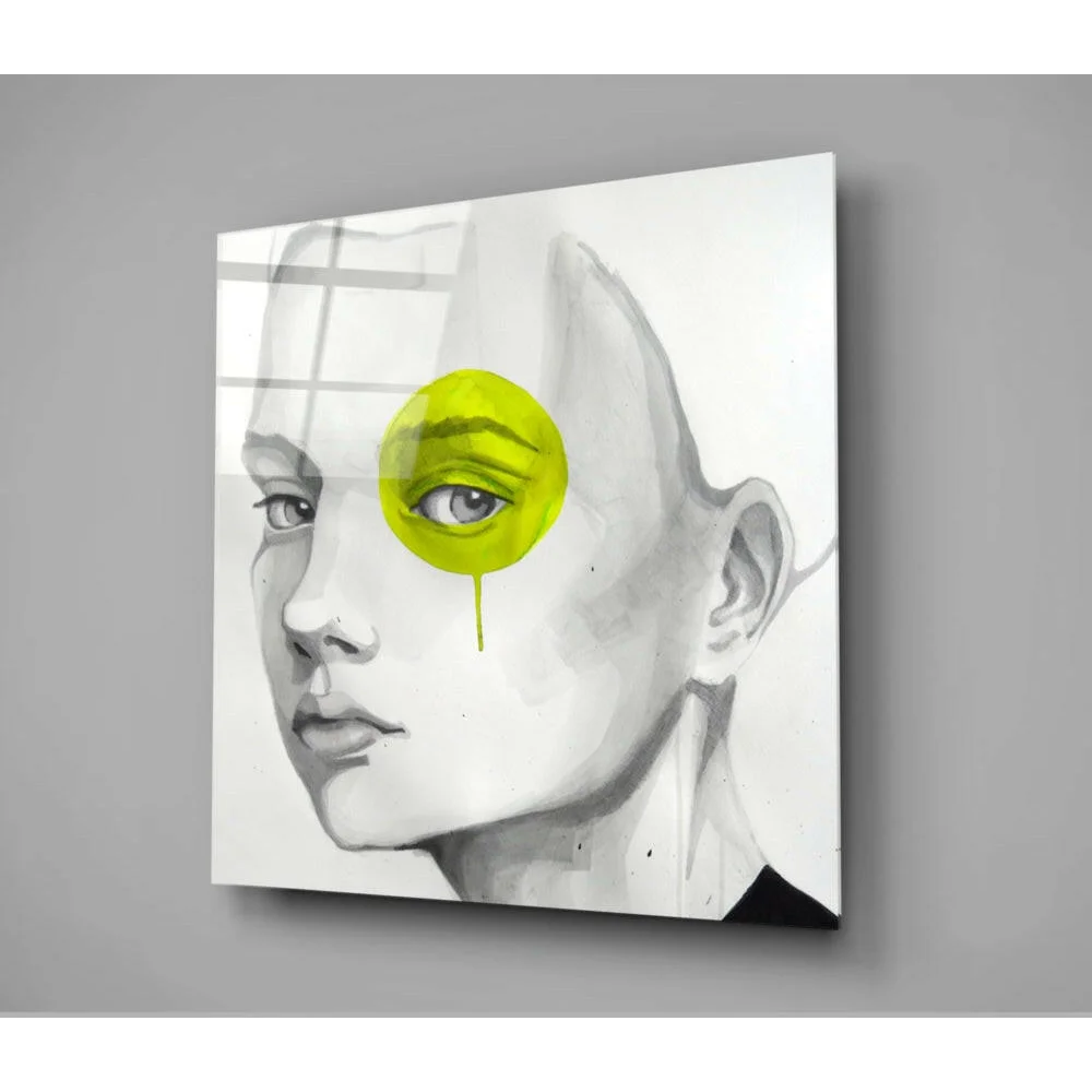 Bold Monochrome Face Glass Wall Art with Lime Green Splash | Glass Wall Art Print | vintageantiquesgifts.com