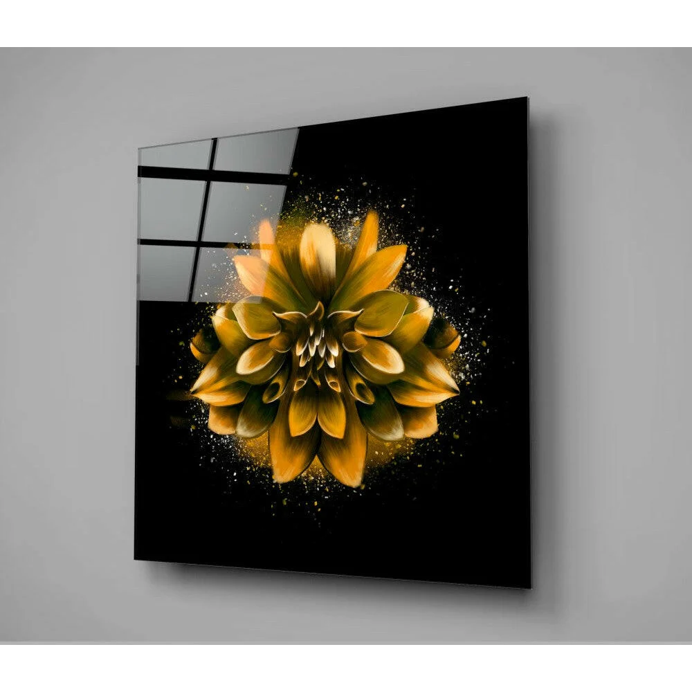 Stunning golden dahlia glass wall art on black panel