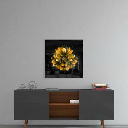 Stunning golden dahlia glass wall art on black panel