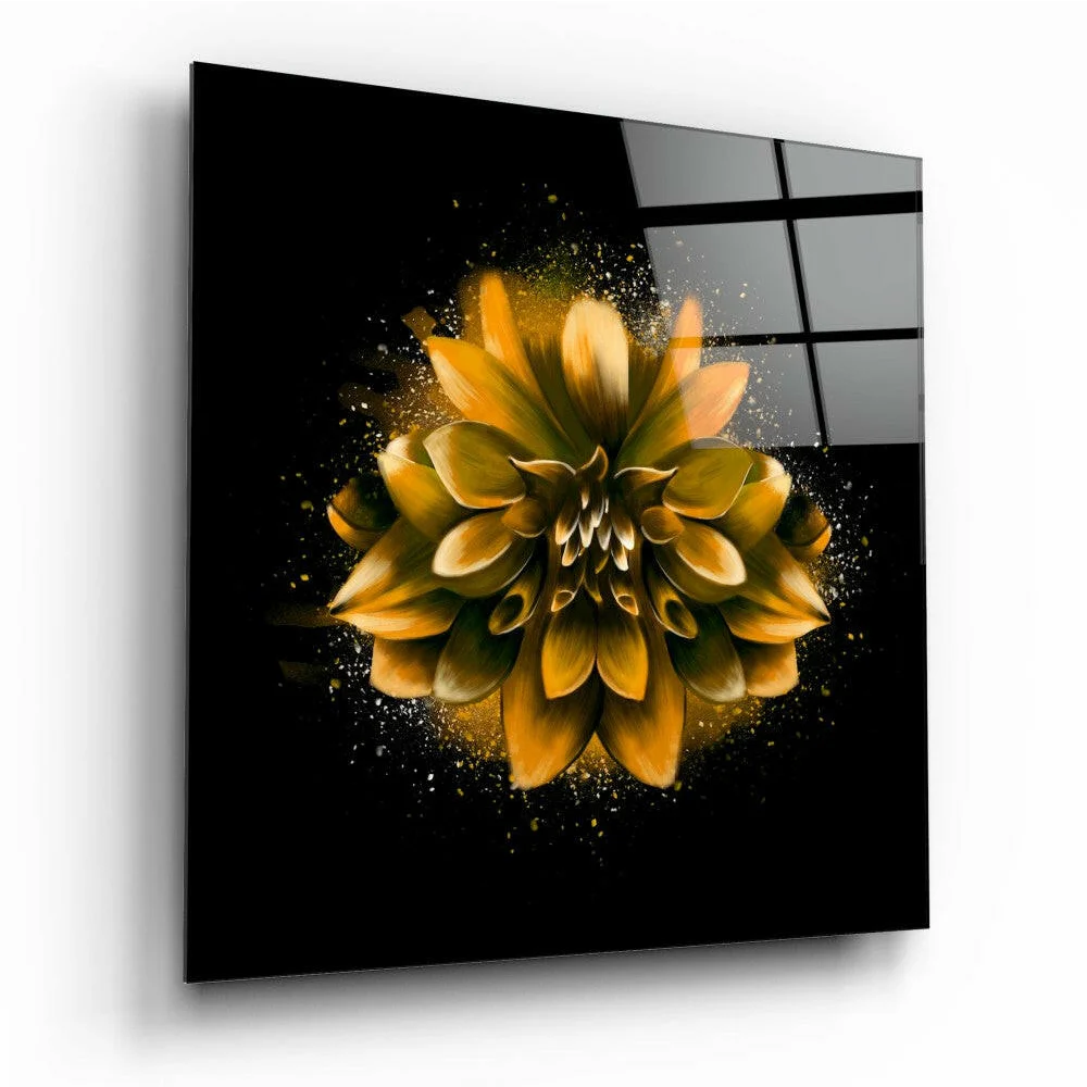 Vibrant golden dahlia glass wall art on sleek black panel