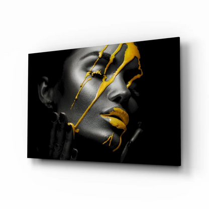 Bold gold drip portrait canvas wall art with womans abstract face