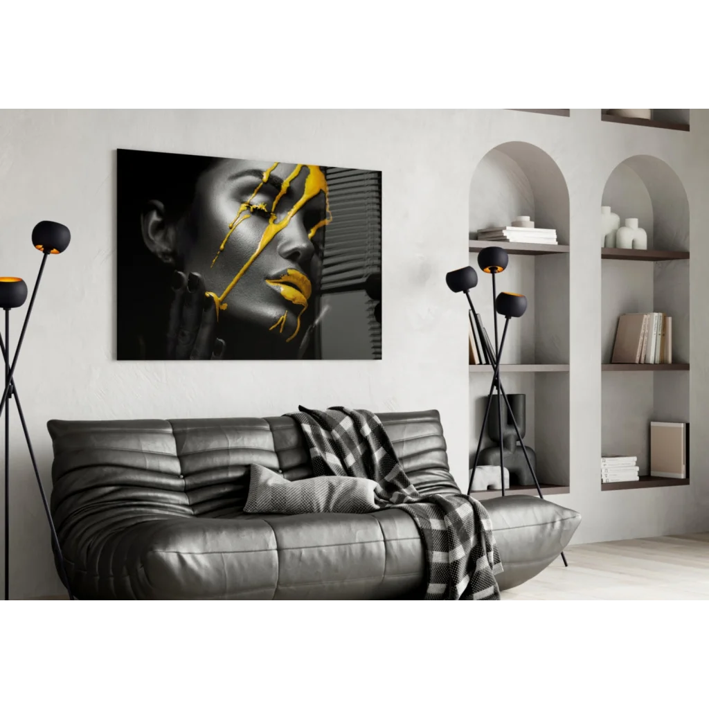 Bold gold drip abstract portrait wall art canvas above gray sofa