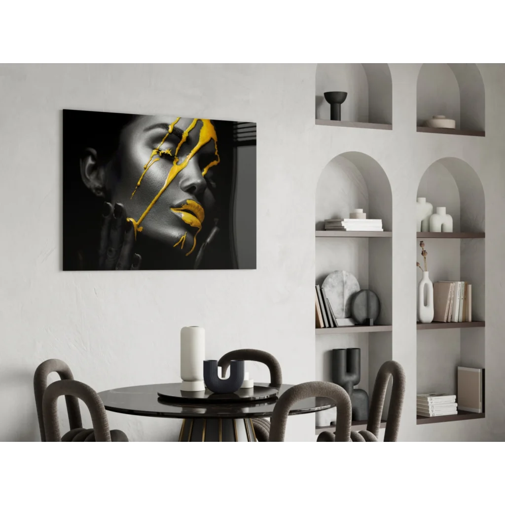 Bold black-and-yellow abstract woman’s face portrait canvas wall art with gold drips