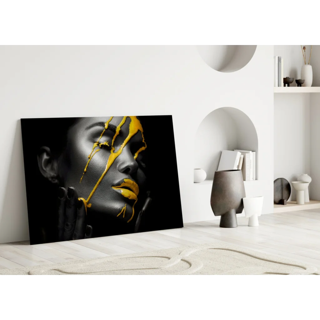 Black and gold abstract woman portrait canvas wall art with yellow drips