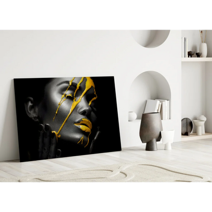 Black and gold abstract woman portrait canvas wall art with yellow drips