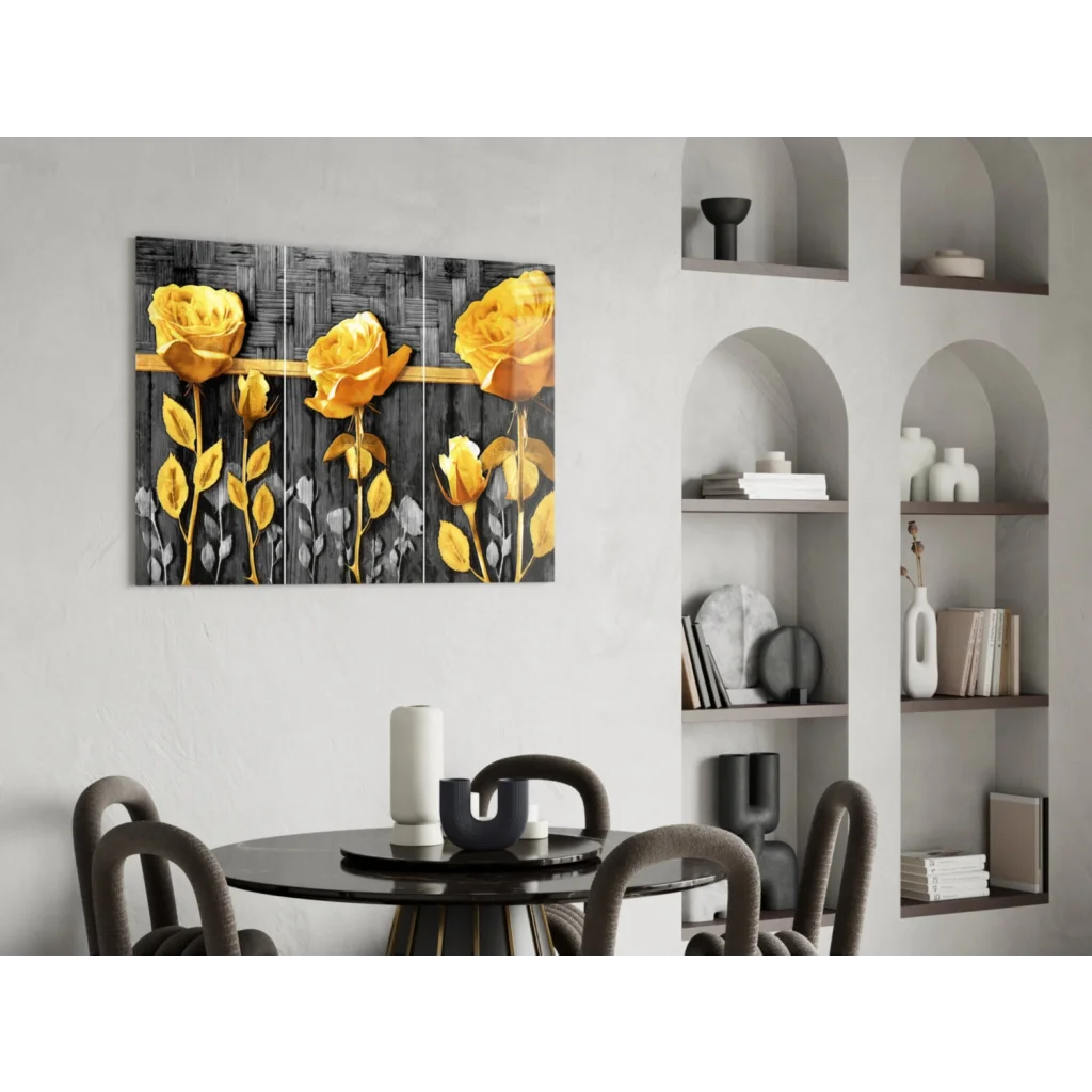 Vibrant yellow roses on black background triptych wall art