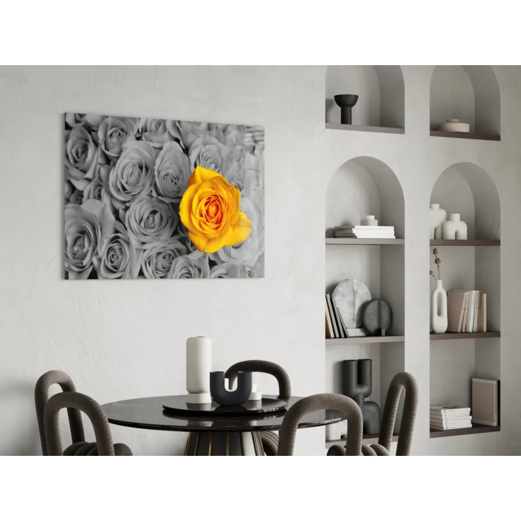 Vibrant yellow rose wall art on gray monochrome backdrop canvas print