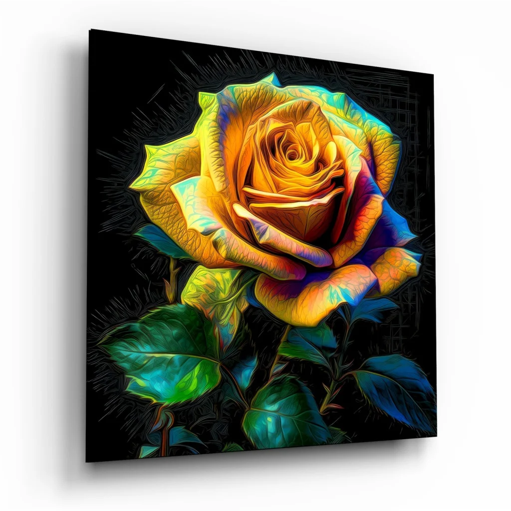 Vibrant tempered glass art of feathered rose in yellow-orange to blue hues on black