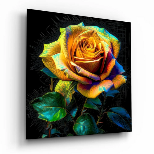 Vibrant tempered glass art of feathered rose in yellow-orange to blue hues on black