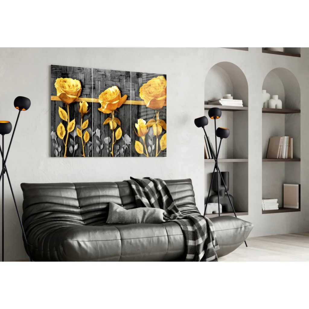 Golden Rose Triptych Canvas Wall Art with vibrant yellow roses on black background