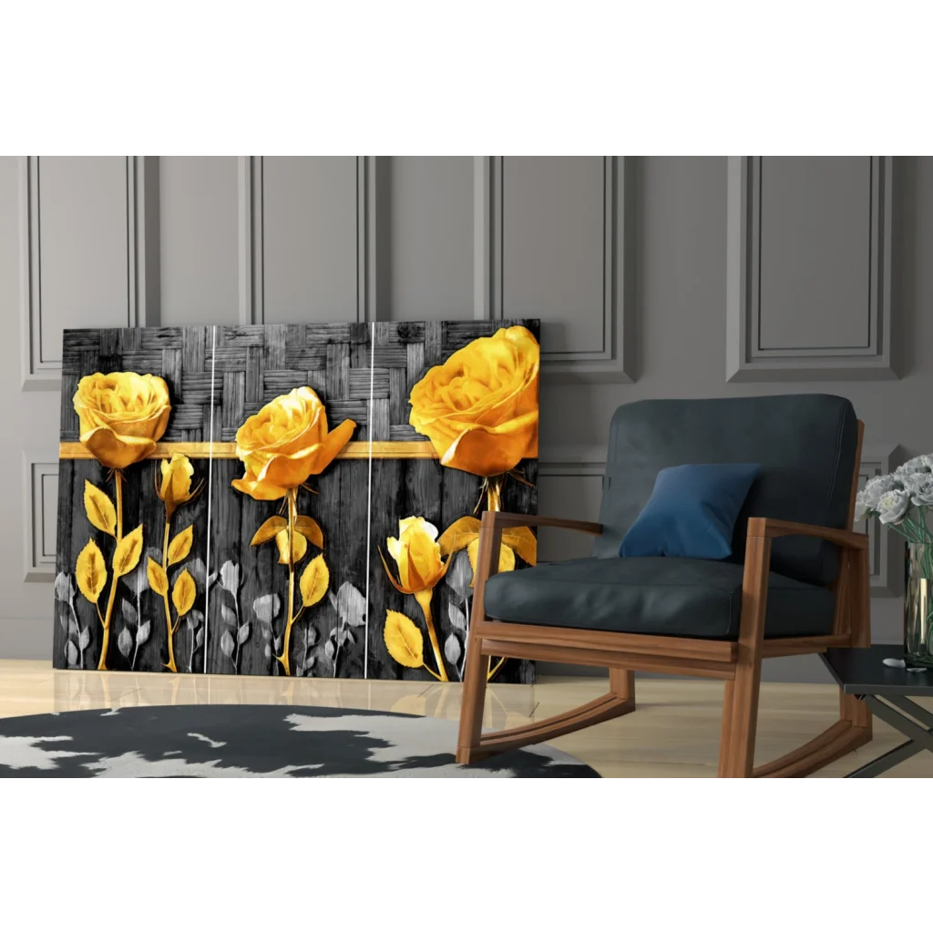 Golden Rose Triptych canvas wall art with vibrant roses on black background
