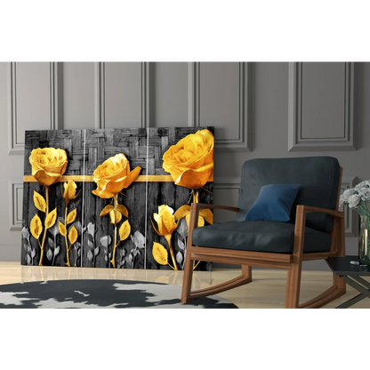 Golden Rose Triptych canvas wall art with vibrant roses on black background