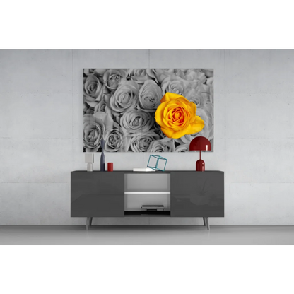 Vibrant yellow rose wall art on gray monochrome backdrop canvas print