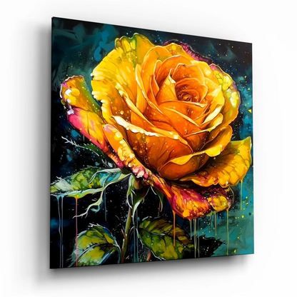 Dripping Yellow Rose Tempered Glass Art with Glowing Accents | Insigneart USA | vintageantiquesgifts.com