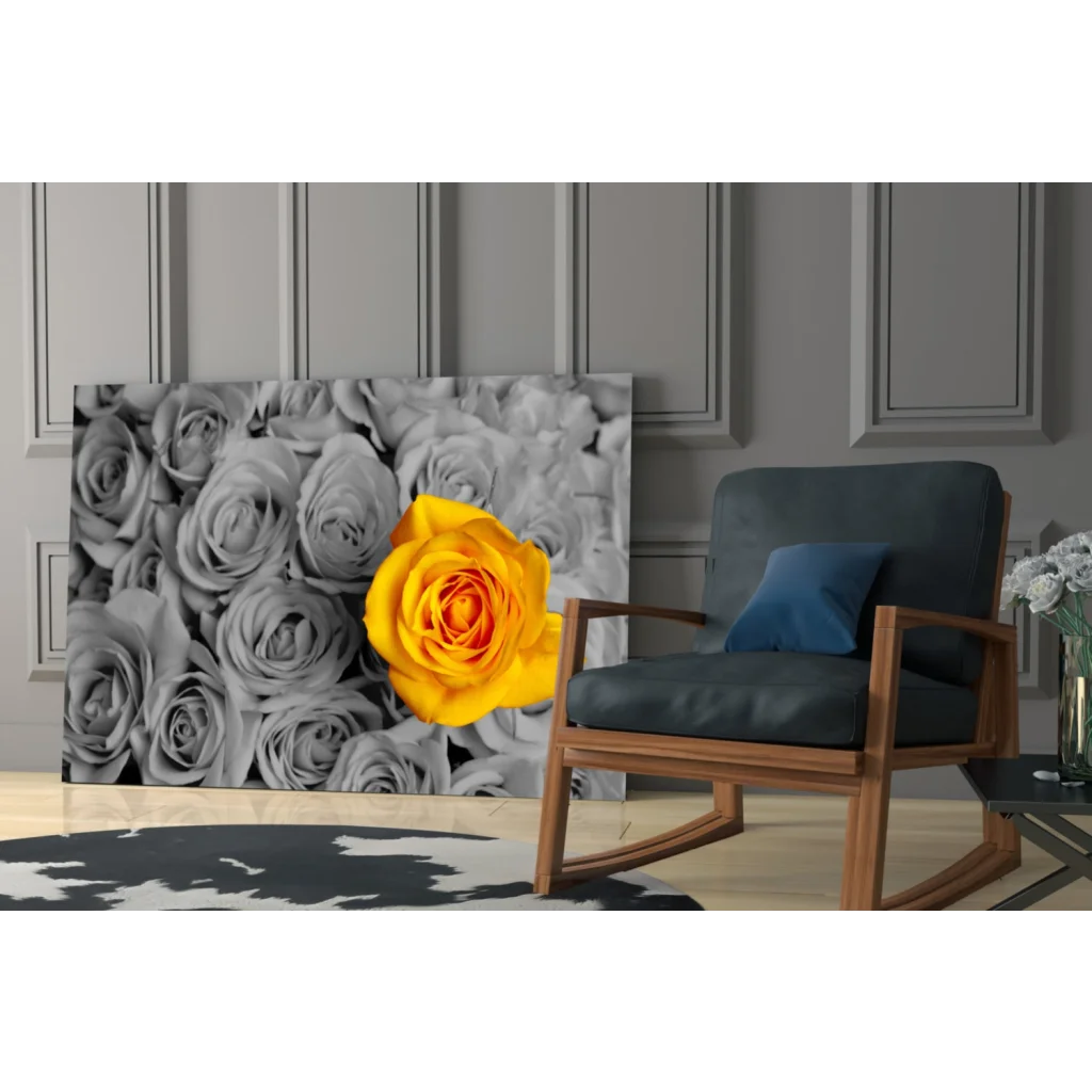 Vibrant yellow rose canvas wall art on gray background
