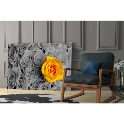 Vibrant yellow rose canvas wall art on gray background