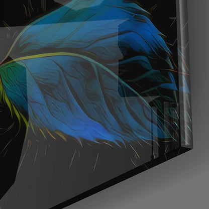 Vibrant feathered rose tempered glass art in sleek black frame