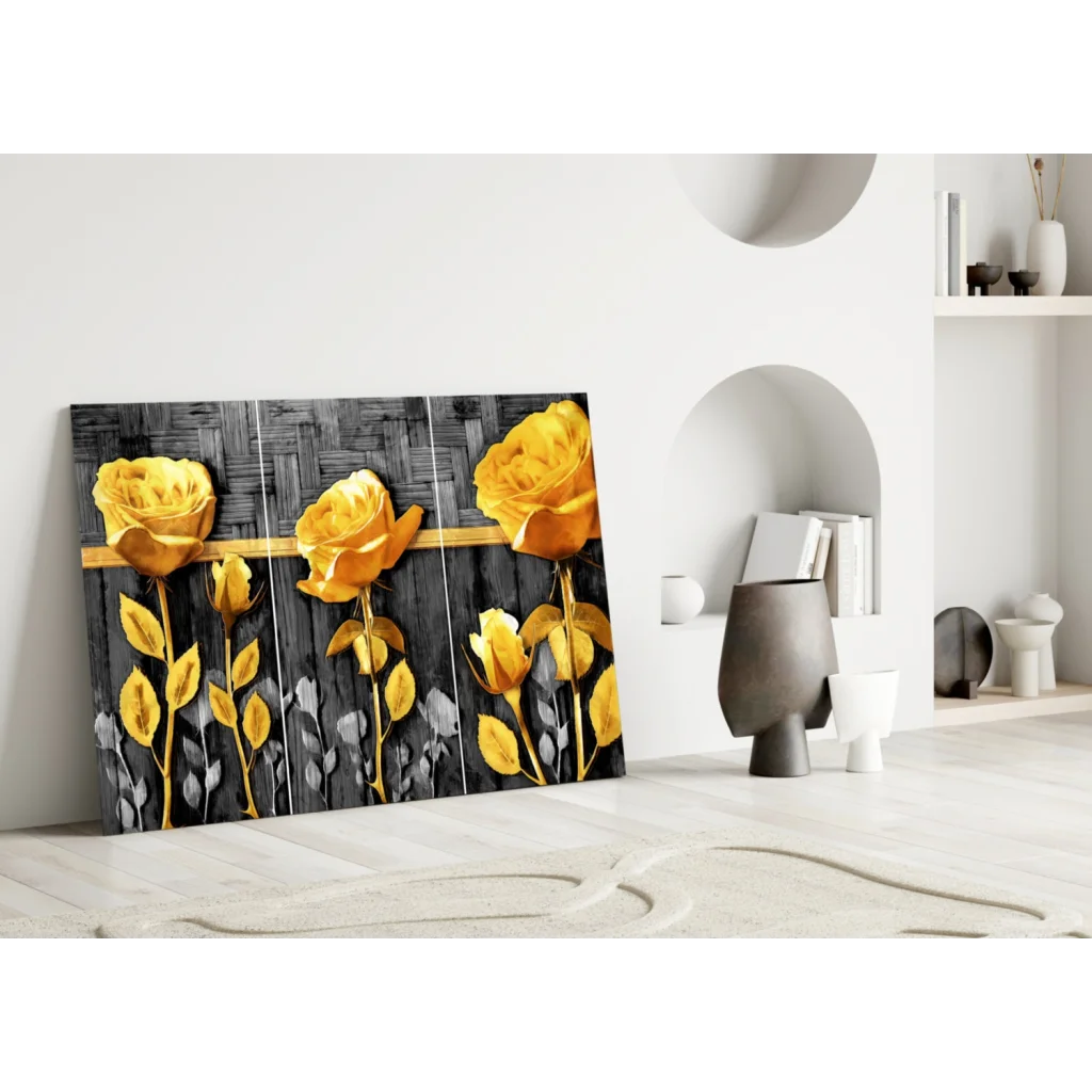 Vibrant golden rose triptych canvas wall art on black background