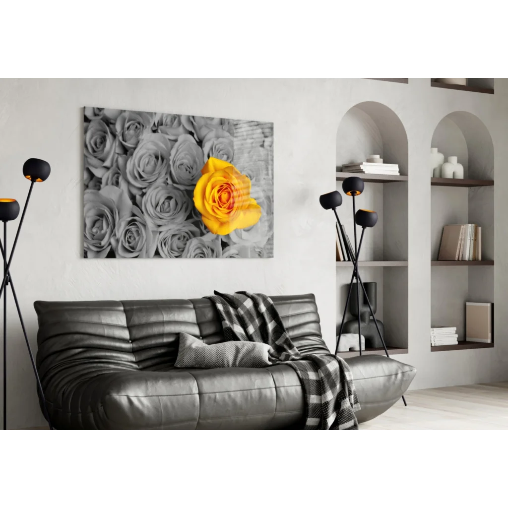 Vibrant yellow rose wall art canvas on gray monochrome background