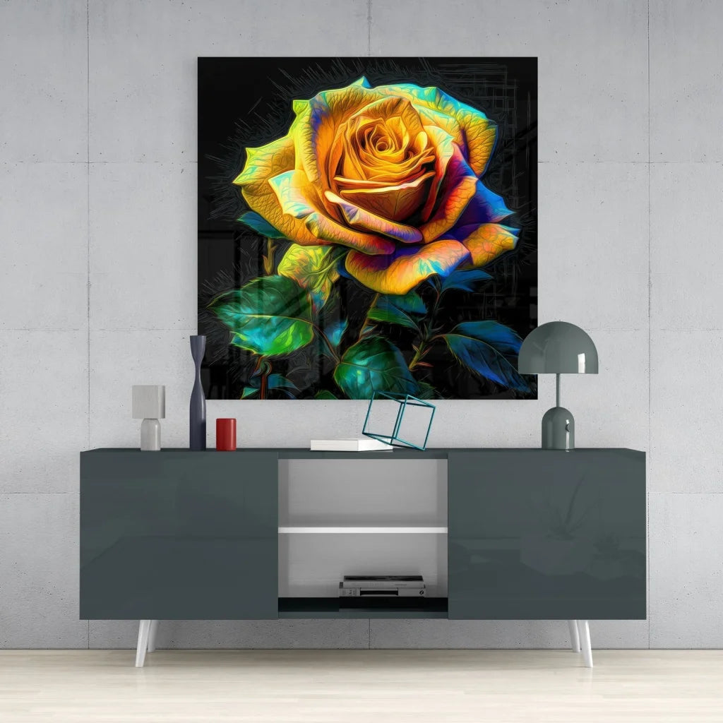Stunning tempered glass art of vibrant yellow rose with iridescent blue green accents