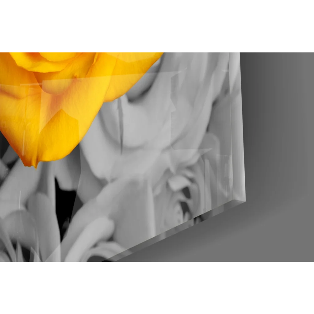 Vibrant yellow rose wall art on gray monochrome canvas background