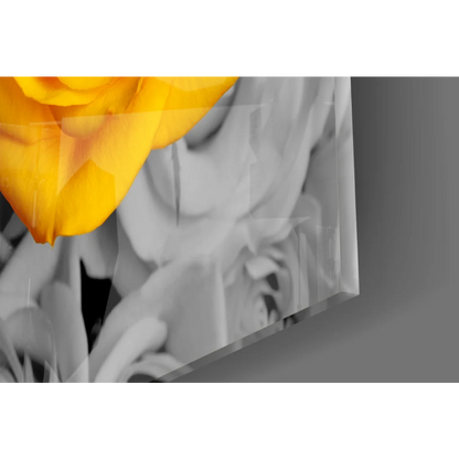Vibrant yellow rose wall art on gray monochrome canvas background