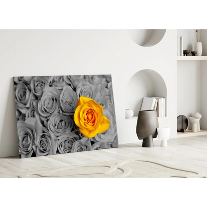 Vibrant yellow rose wall art on gray monochrome backdrop canvas print
