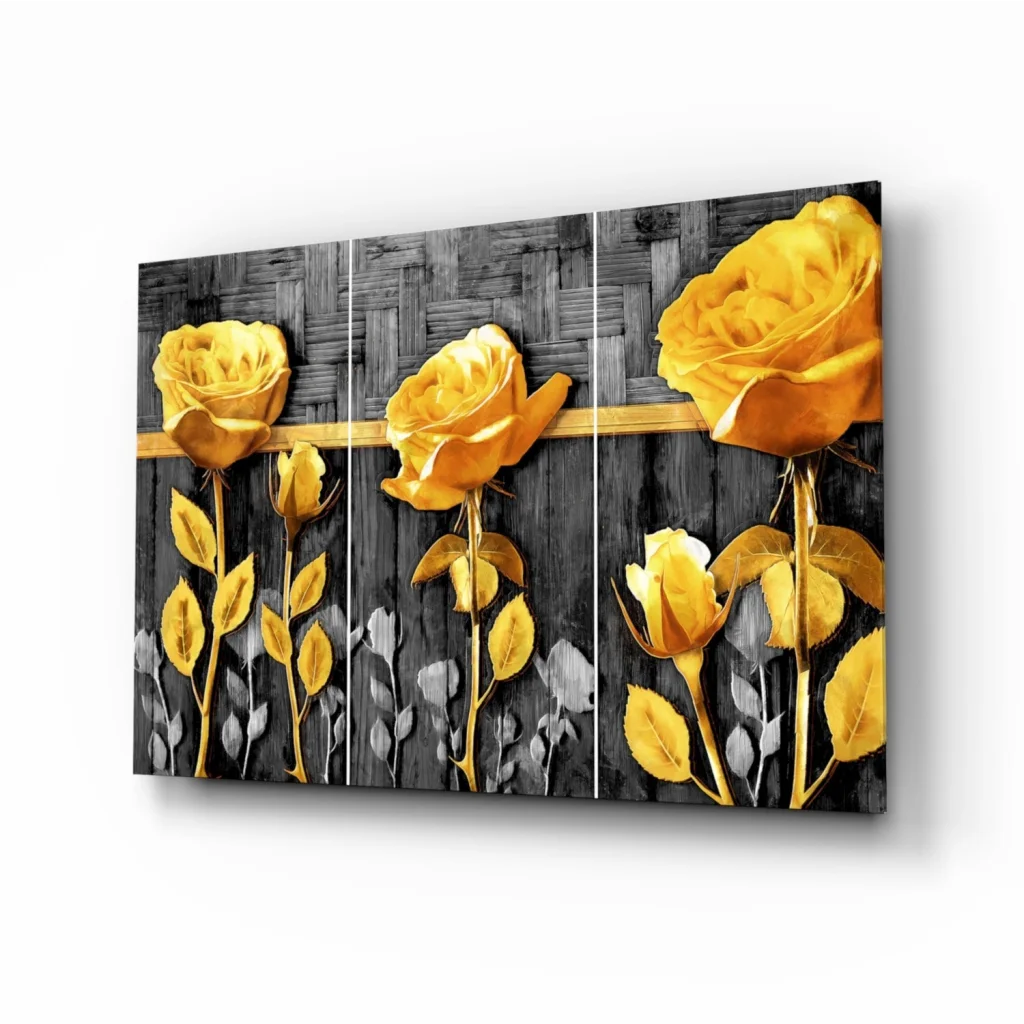 Golden Rose Triptych Canvas Wall Art on Black Background