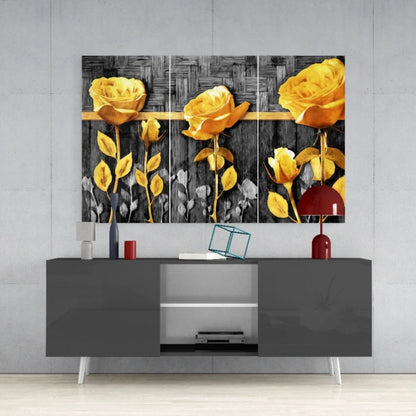 Golden Rose Triptych Canvas Wall Art with vibrant yellow roses on black background