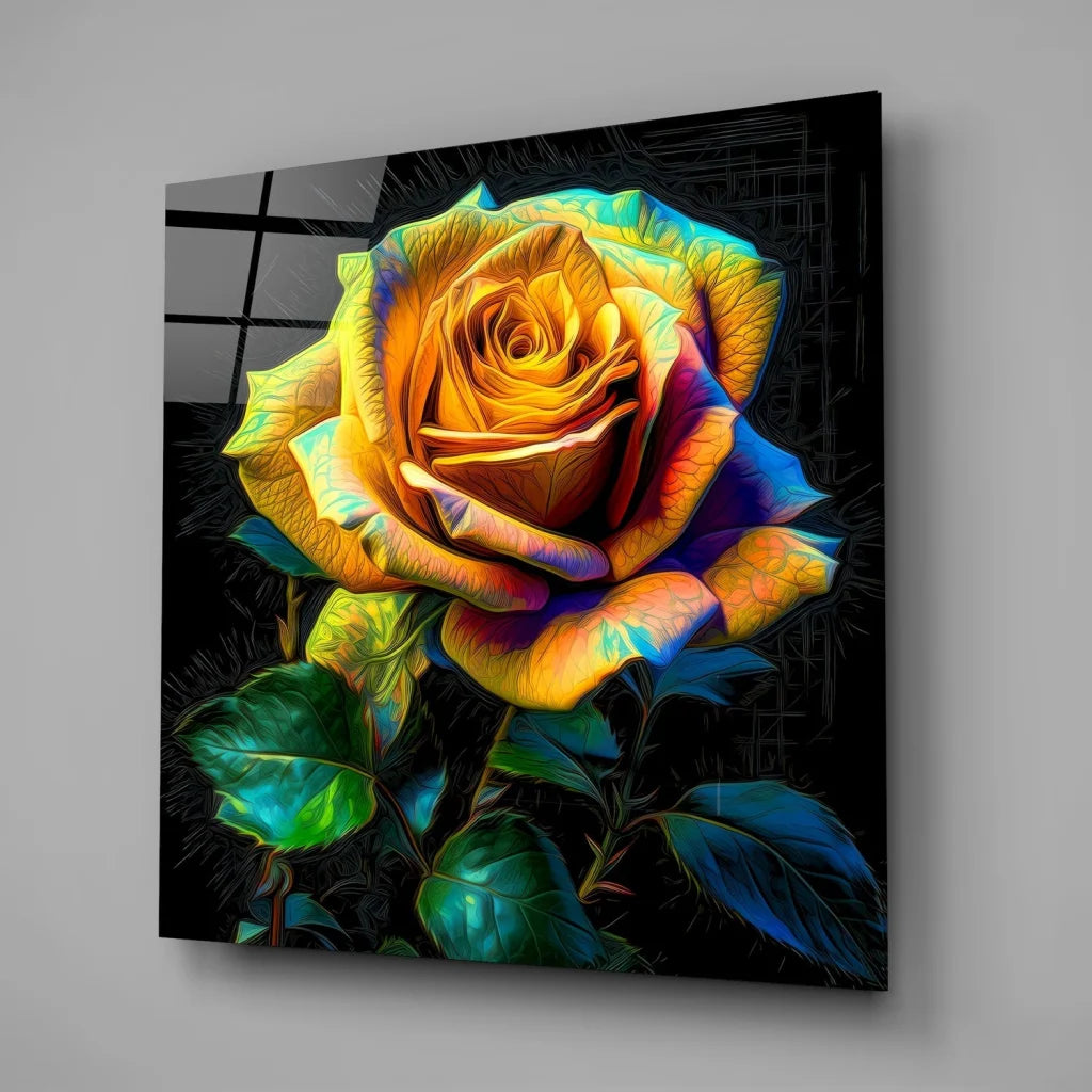 Vibrant tempered glass art of iridescent rose with yellow blue petals