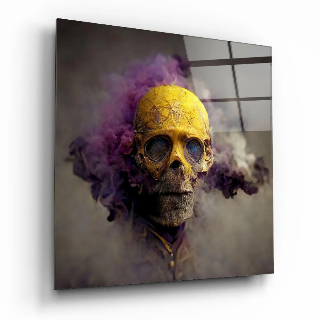 Vibrant yellow skull with purple smoke on glass wall art canvas