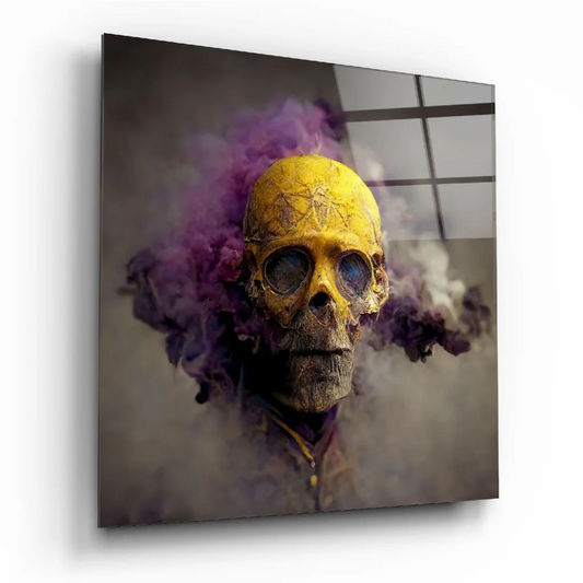 Vibrant yellow skull with purple smoke on glass wall art canvas