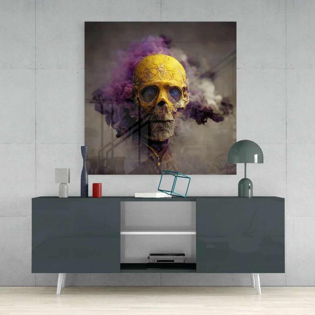 Gold skull with purple smoke on black glass wall art canvas print