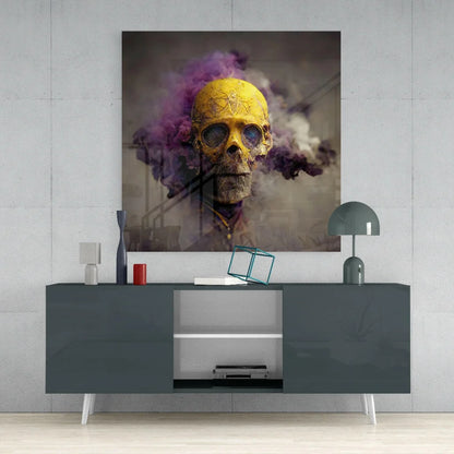 Gold skull with purple smoke on black glass wall art canvas print