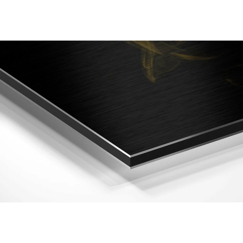 Stunning brushed aluminium dibond wall art print with black metal frame and subtle gold abstract design