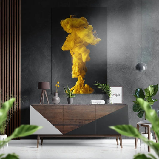 Striking yellow ink explosion on brushed aluminium dibond art with gold accents