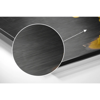 Stunning brushed aluminium dibond art with gold accents on black metal