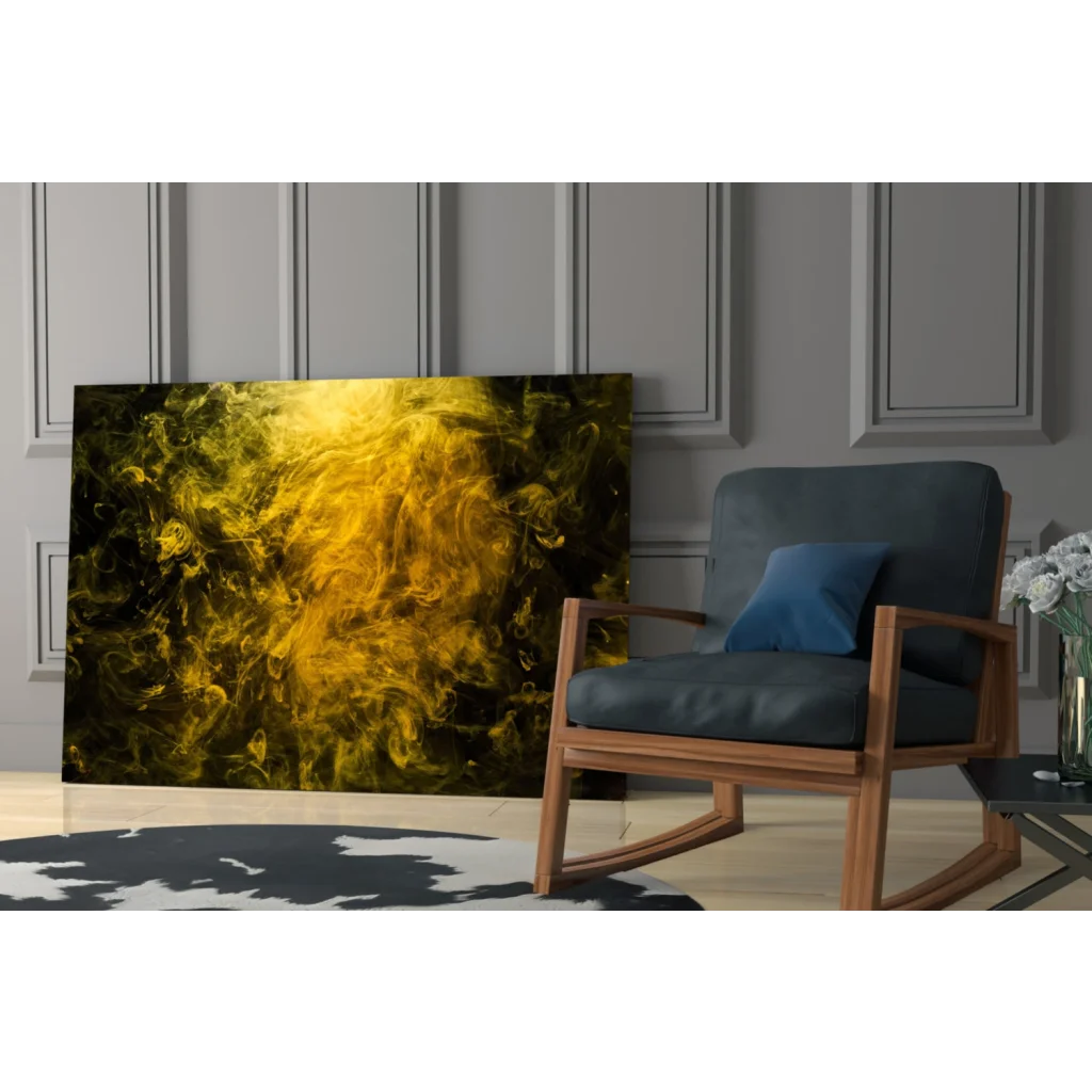 Swirling golden-yellow smoke abstract wall art canvas print on dark background