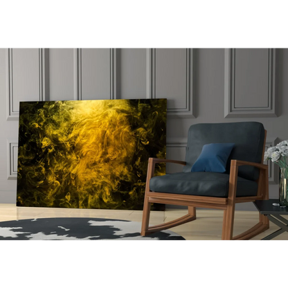 Swirling golden-yellow smoke abstract wall art canvas print on dark background