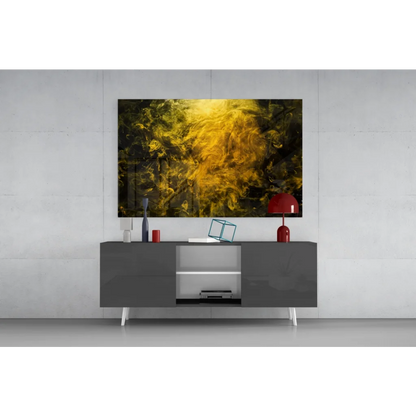 Vibrant swirling golden abstract wall art canvas print in green hues on gray console