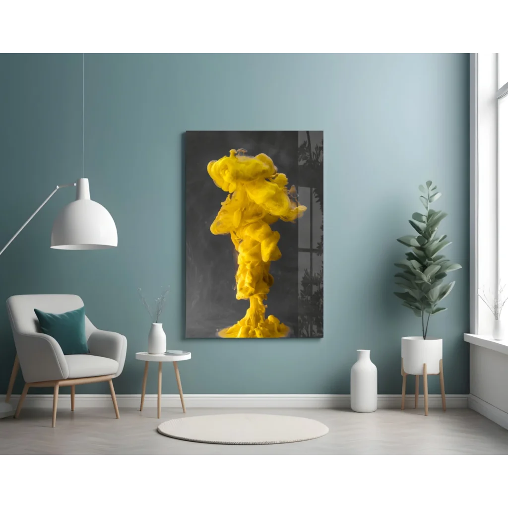 Explosive Yellow Ink Glass Wall Art Canvas Print | Contemporary Home Wall Art | vintageantiquesgifts.com