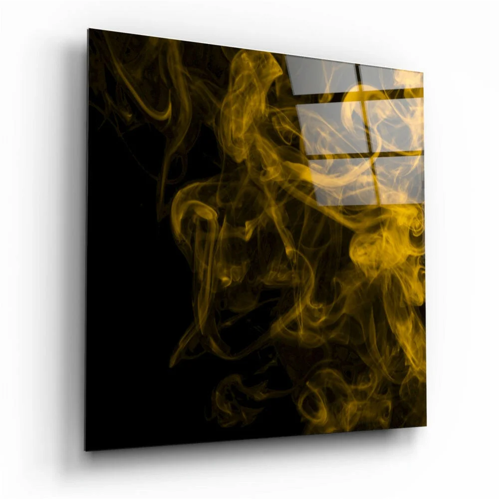 Stunning golden flames glass wall art panel with swirling yellow smoke