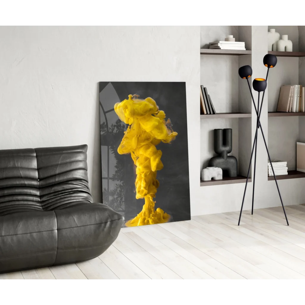 Vibrant yellow ink cloud glass wall art on black canvas print