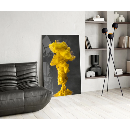 Vibrant yellow ink cloud glass wall art on black canvas print