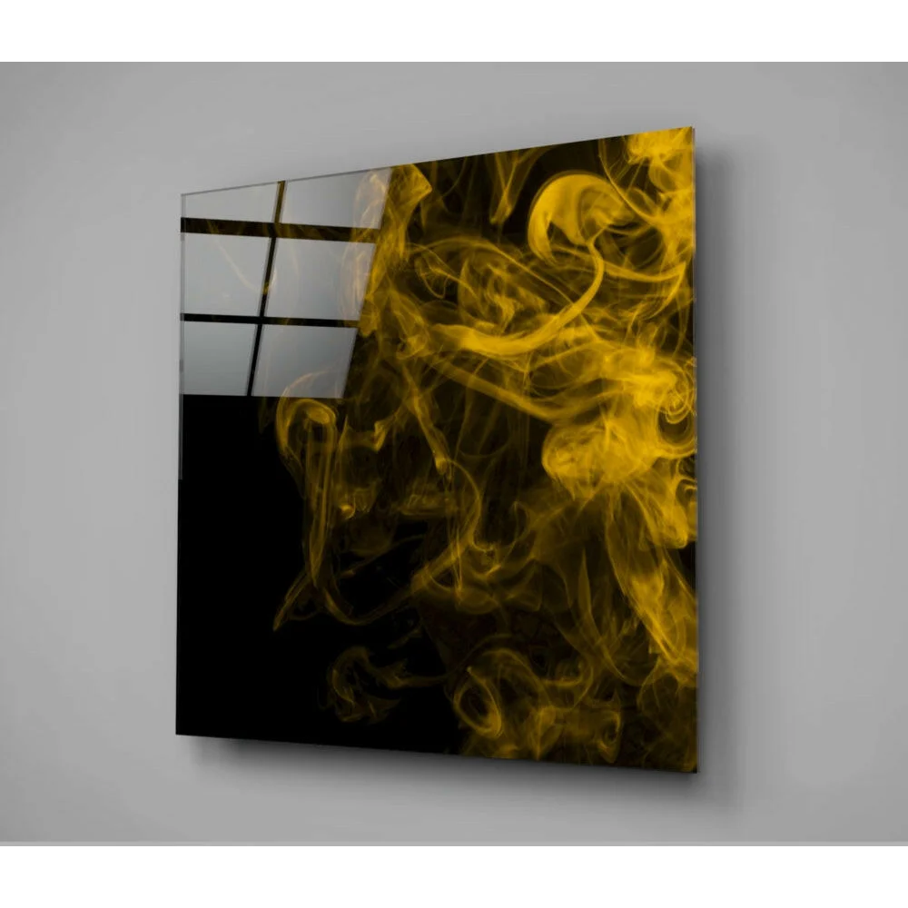 Stunning golden flames glass wall art panel with swirling yellow smoke on black background