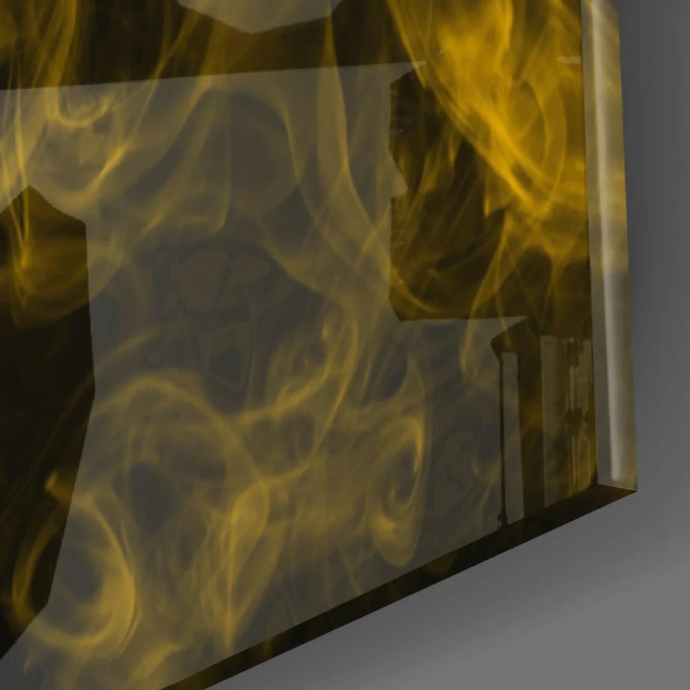 Stunning golden flames glass wall art panel with swirling yellow fire on smoky background