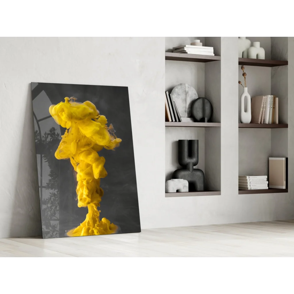 Vibrant yellow ink explosion glass wall art canvas print on white wall