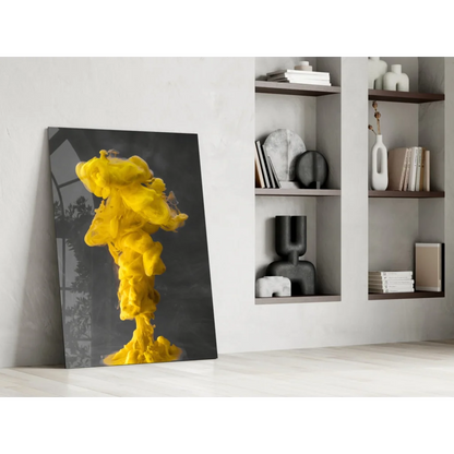 Vibrant yellow ink explosion glass wall art canvas print on white wall